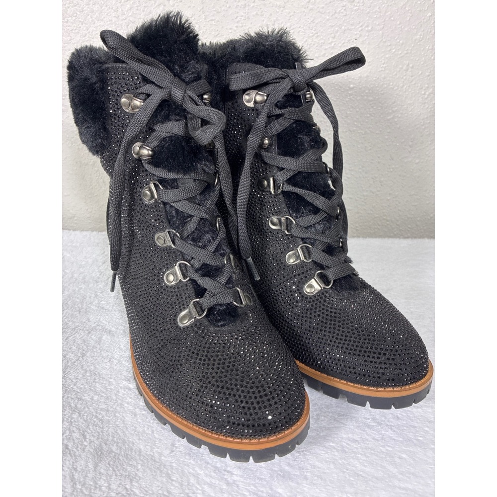 Nanette Lepore Anais Black Sparkle Faux Fur Heeled Hiker Booties 9M